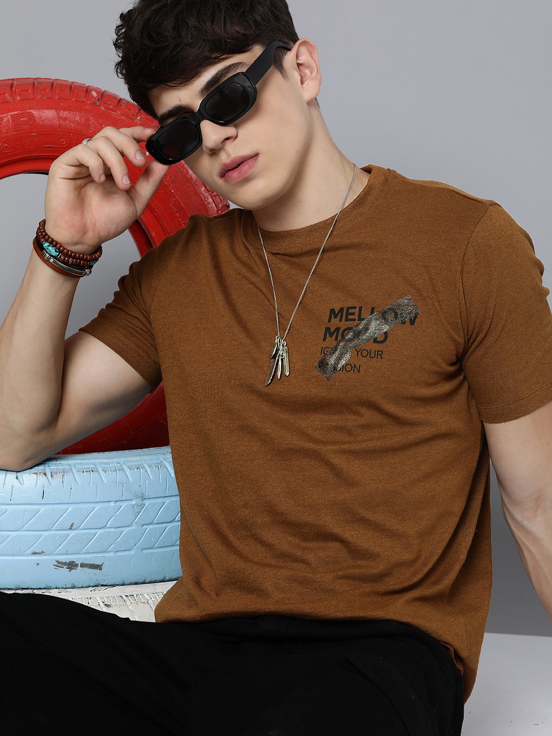 

R Code by The Roadster Life Co Men Graphic Printed T-shirt, Brown