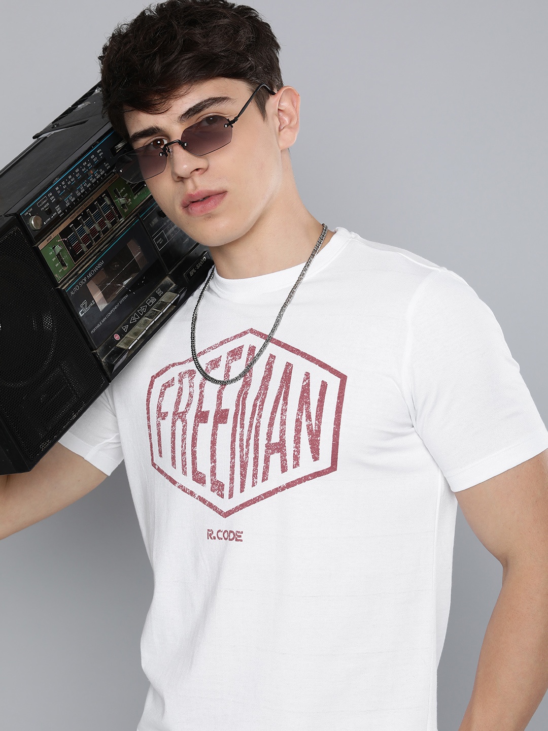 

R Code by The Roadster Life Co Men White & Red Typography Printed T-shirt