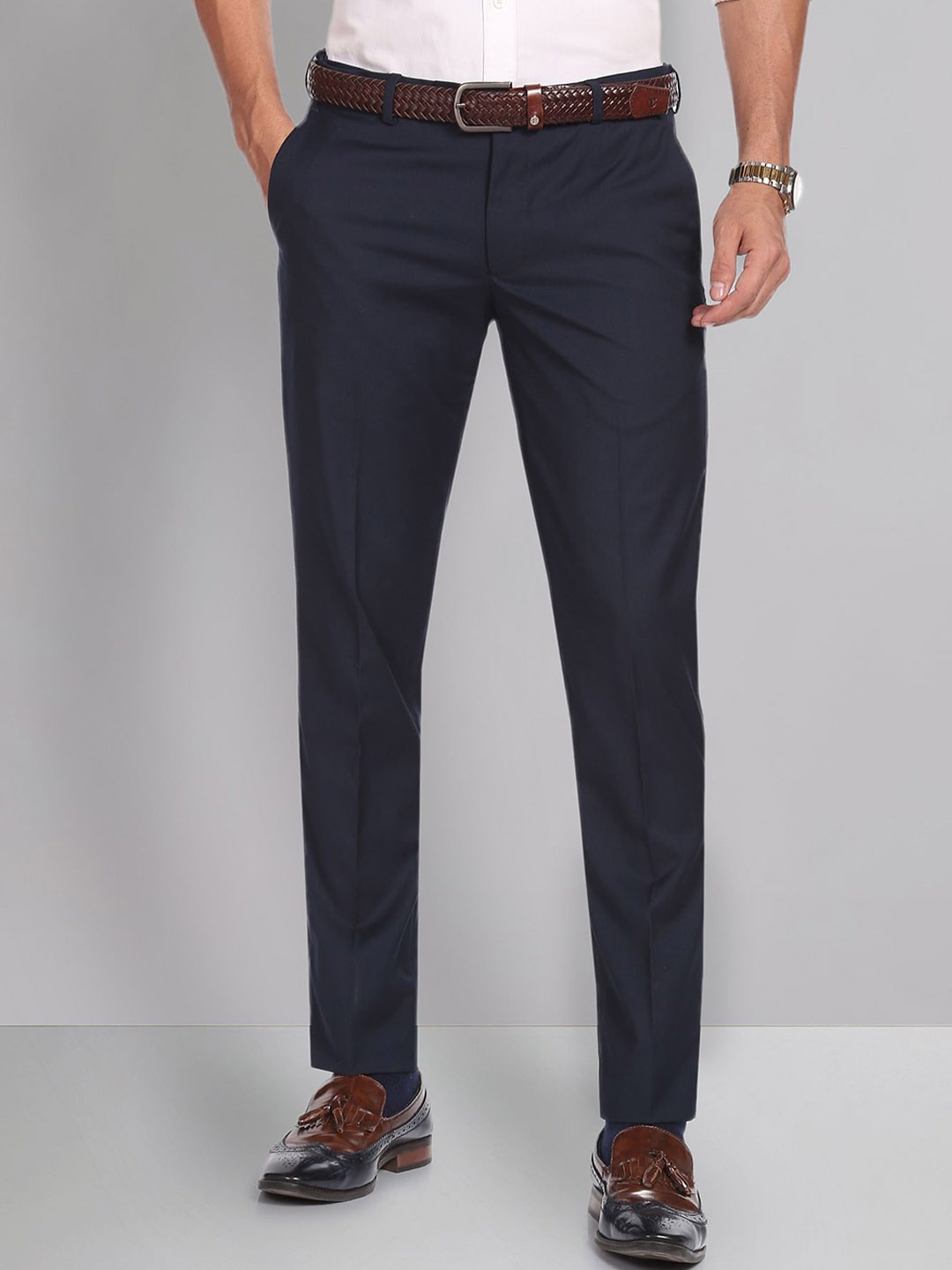 

AD By Arvind Men Slim Fit Mid-Rise Formal Trousers, Navy blue