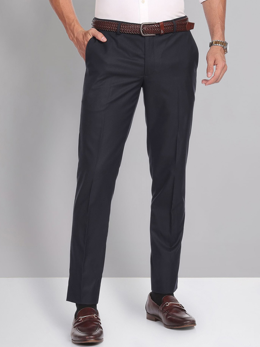 

AD By Arvind Smart Waist Solid Formal Trousers, Navy blue