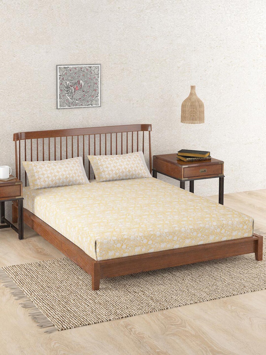 

Fabindia Avni Yellow & White Floral 180 TC Cotton King Bedsheet & 2 Pillow Covers
