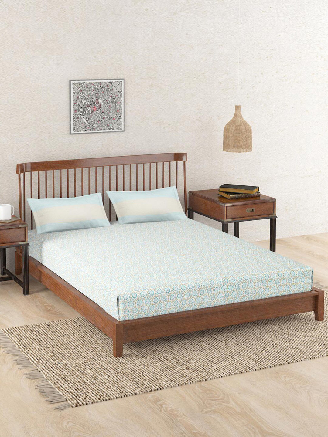 

Fabindia White & Blue Ethnic Motifs 180 TC Cotton King Bedsheet With 2 Pillow Covers