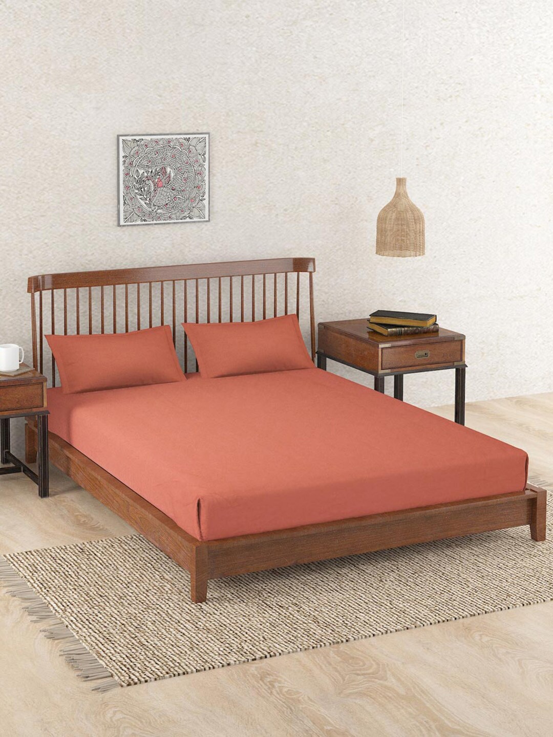 Fabindia Coramandel Orange 180 TC Cotton King Bedsheet & 2 Pillow Covers