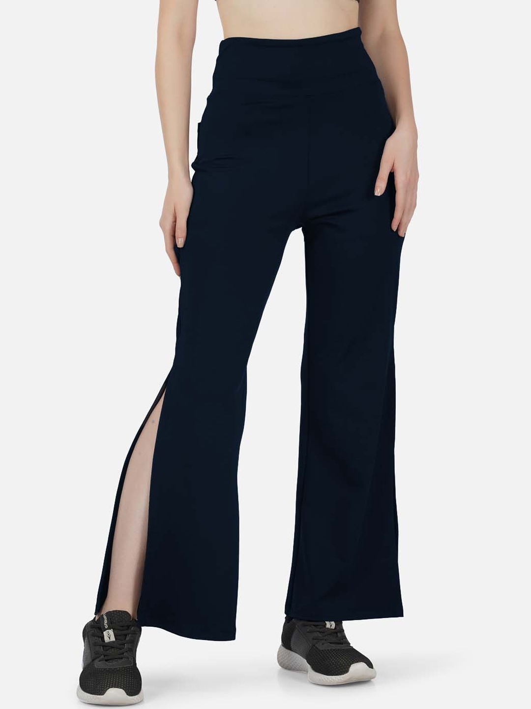 

IMPERATIVE Women Relaxed High-Rise Pain Knitted Flared Side Slit Sports Bootcut Trousers, Navy blue