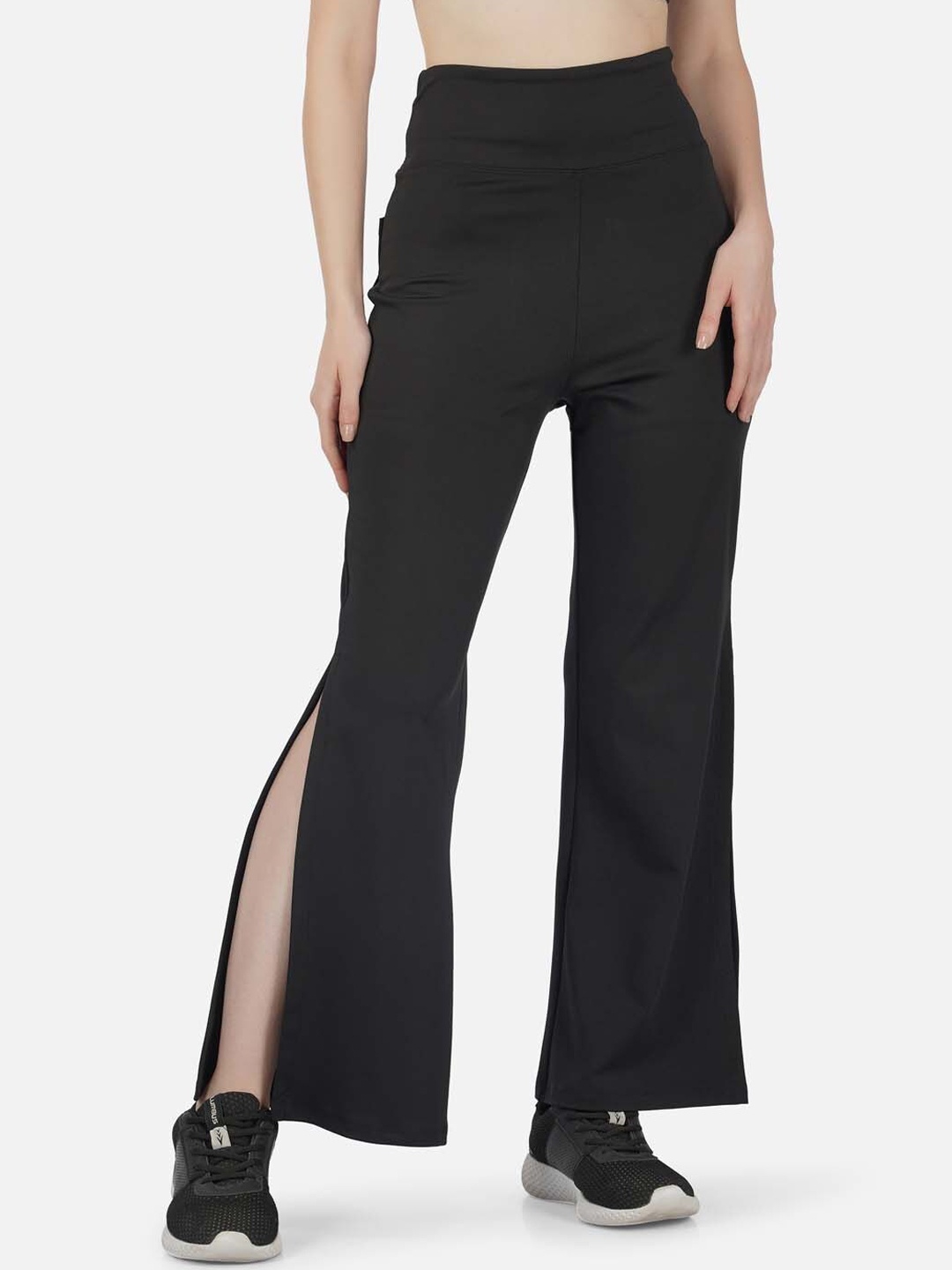 

IMPERATIVE Women Relaxed High-Rise Pain Knitted Flared Side Slit Bootcut Trousers, Black