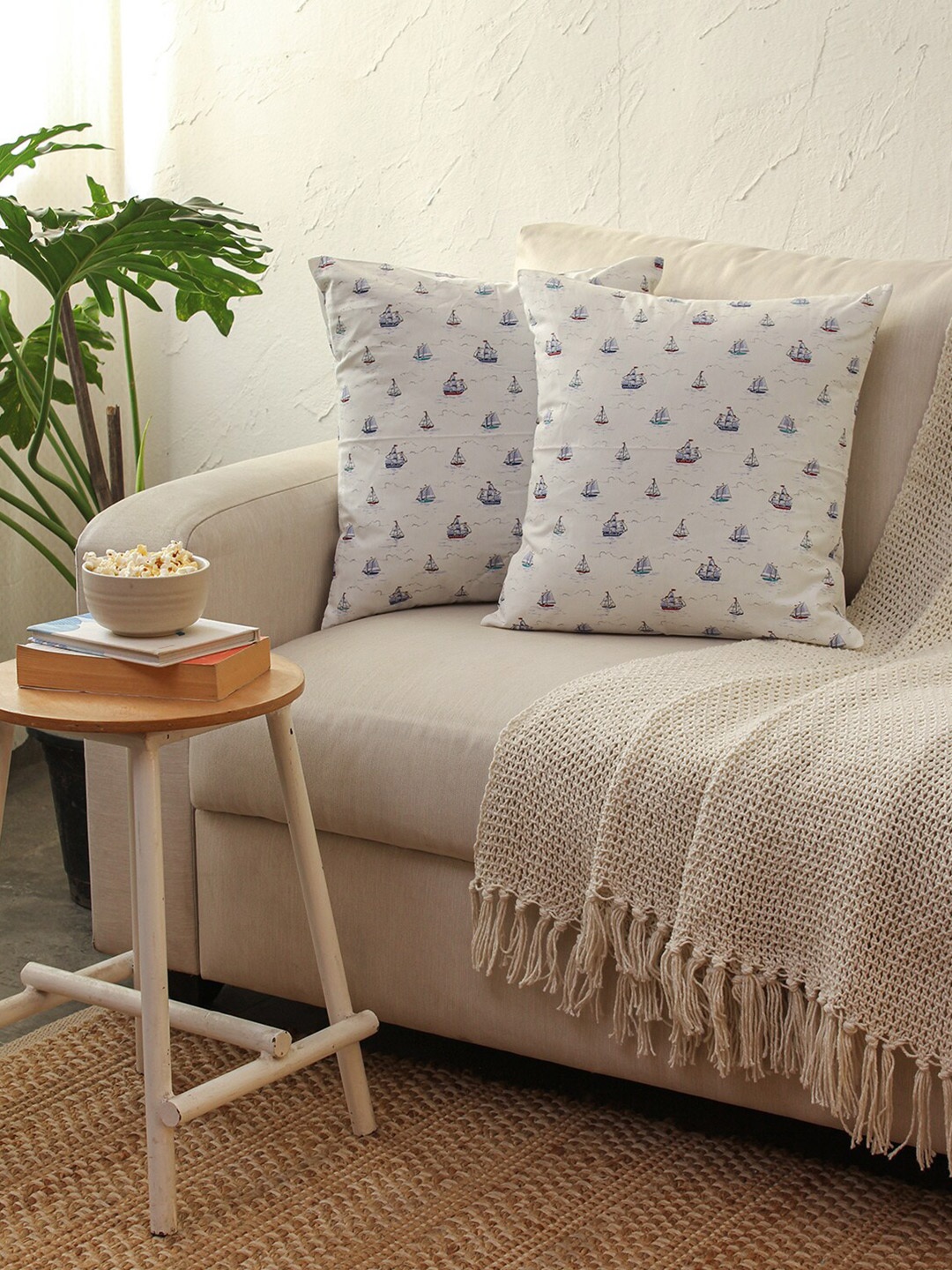 House This Kahaniya White & Blue 2 Pieces Abstract Printed Cotton Square Cushion Covers