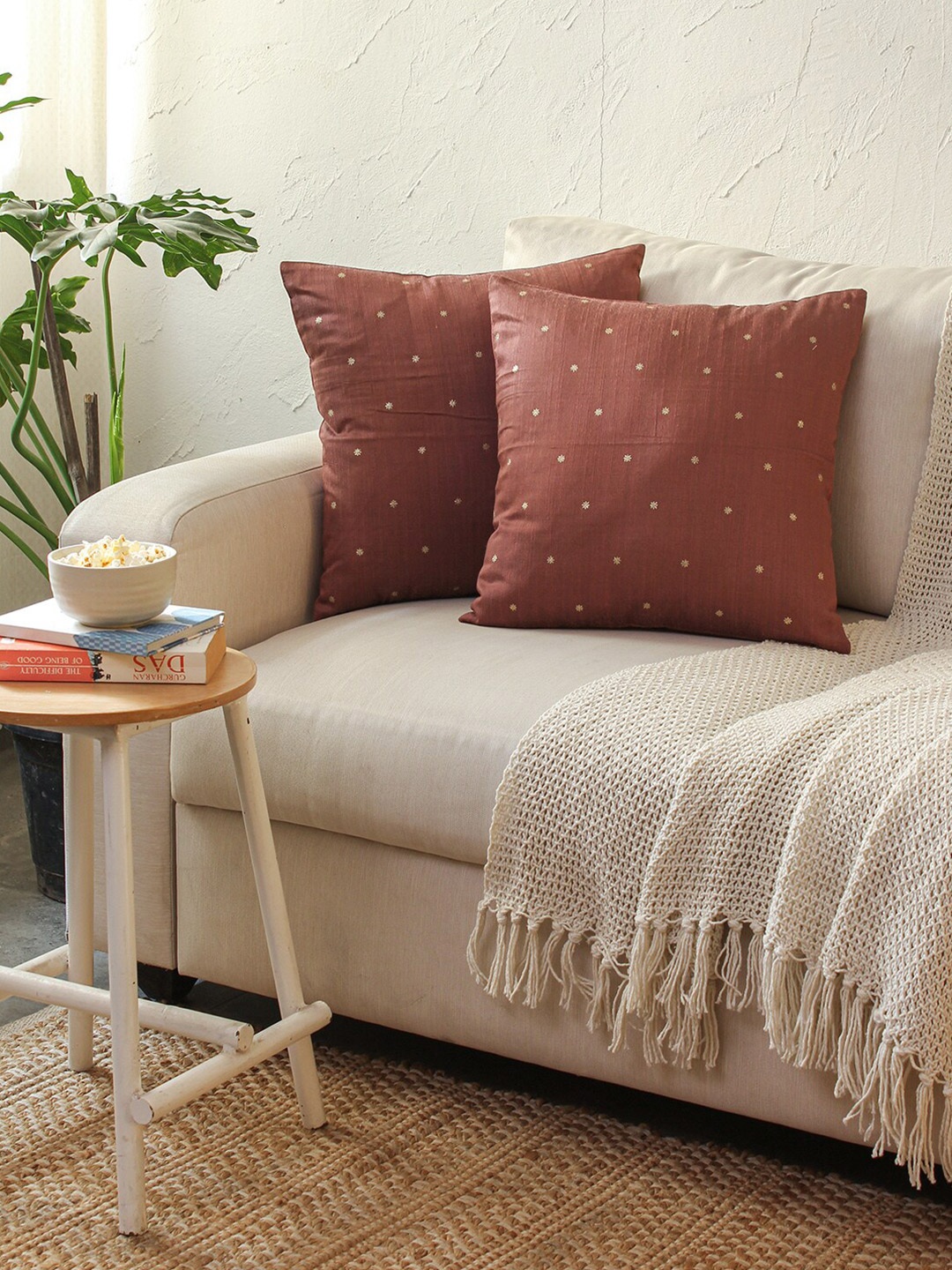 

House This Sirhind Brown & Gold-Toned 2 Pieces Geometric Square Cushion Covers