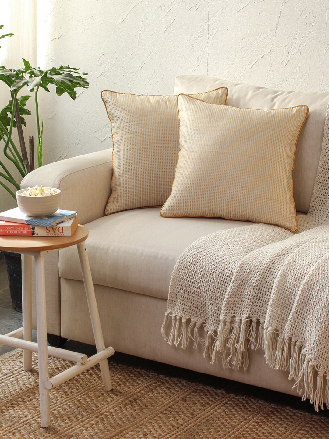

House This Bindu White 2 Pieces Self Design Square Cushion Covers