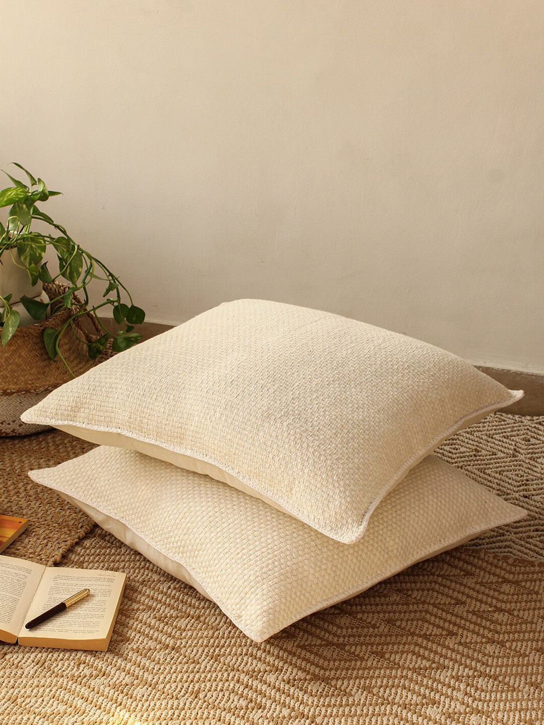 

House This Vindhya Cream-Coloured 2 Pieces Cotton Square Cushion Covers