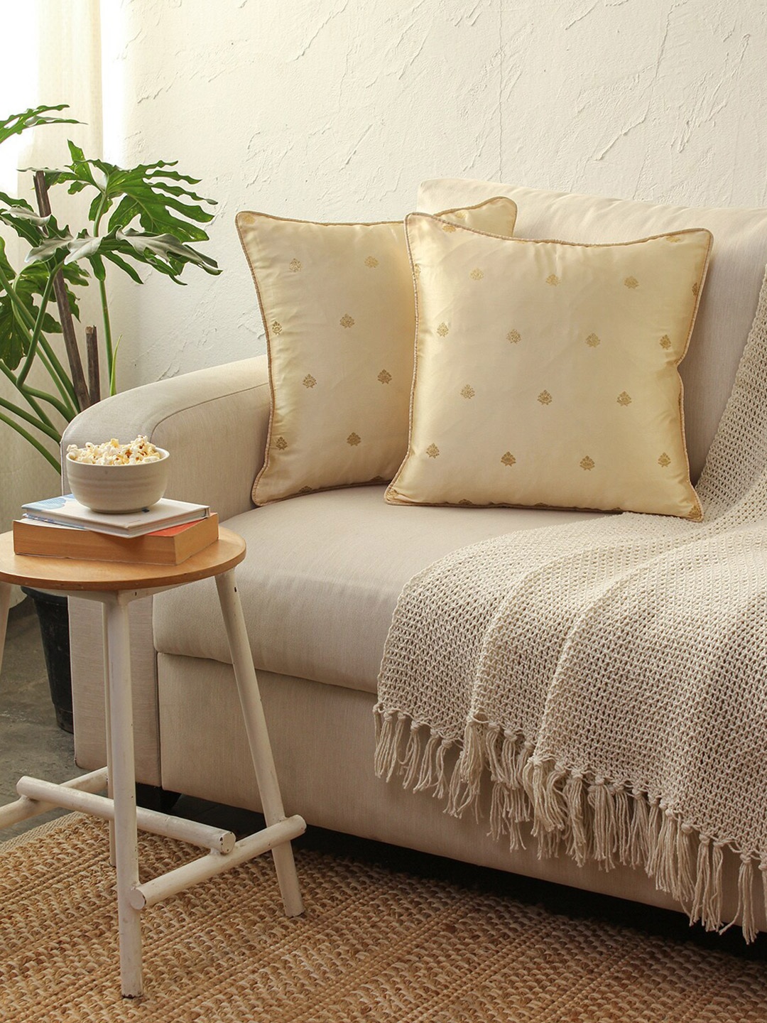 

House This Amber Beige & Gold-Toned 2 Pieces Ethnic Motifs Square Cushion Covers