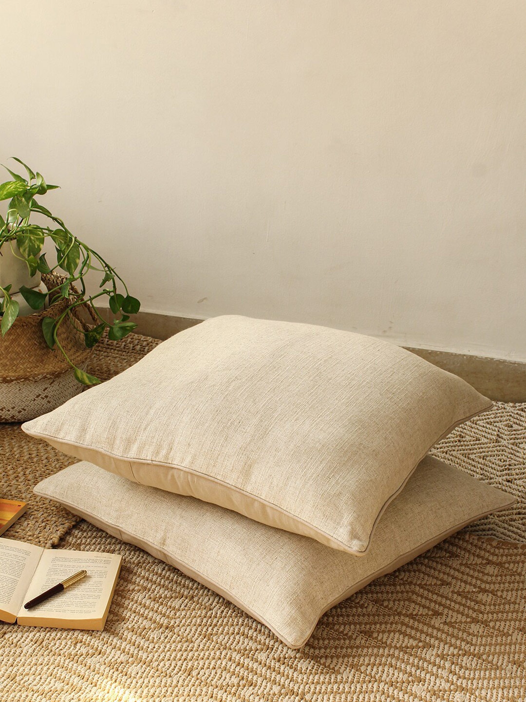 

House This Sahyadri Cream-Coloured 2 Pieces Cotton Square Cushion Covers