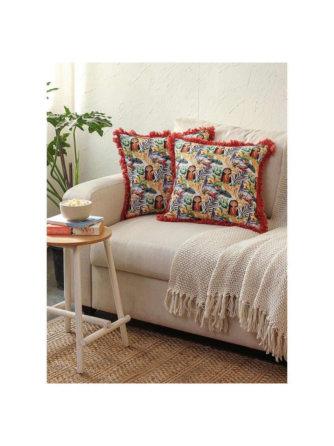 

House This Intruz White & Red 2 Pieces Self Design Square Cushion Covers