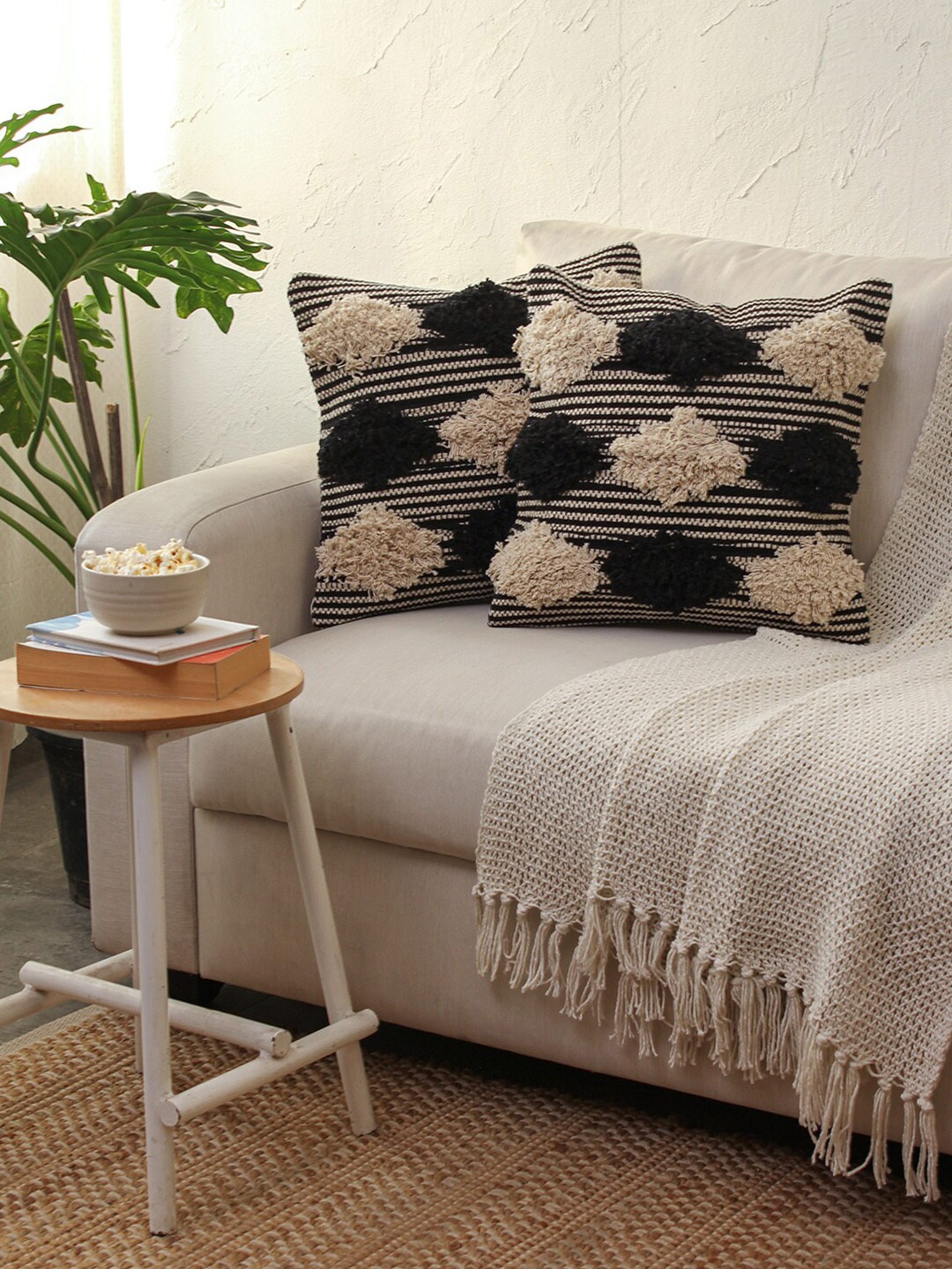 

House This Chaukadi Black & Off White 2 Pieces Cotton Square Cushion Covers
