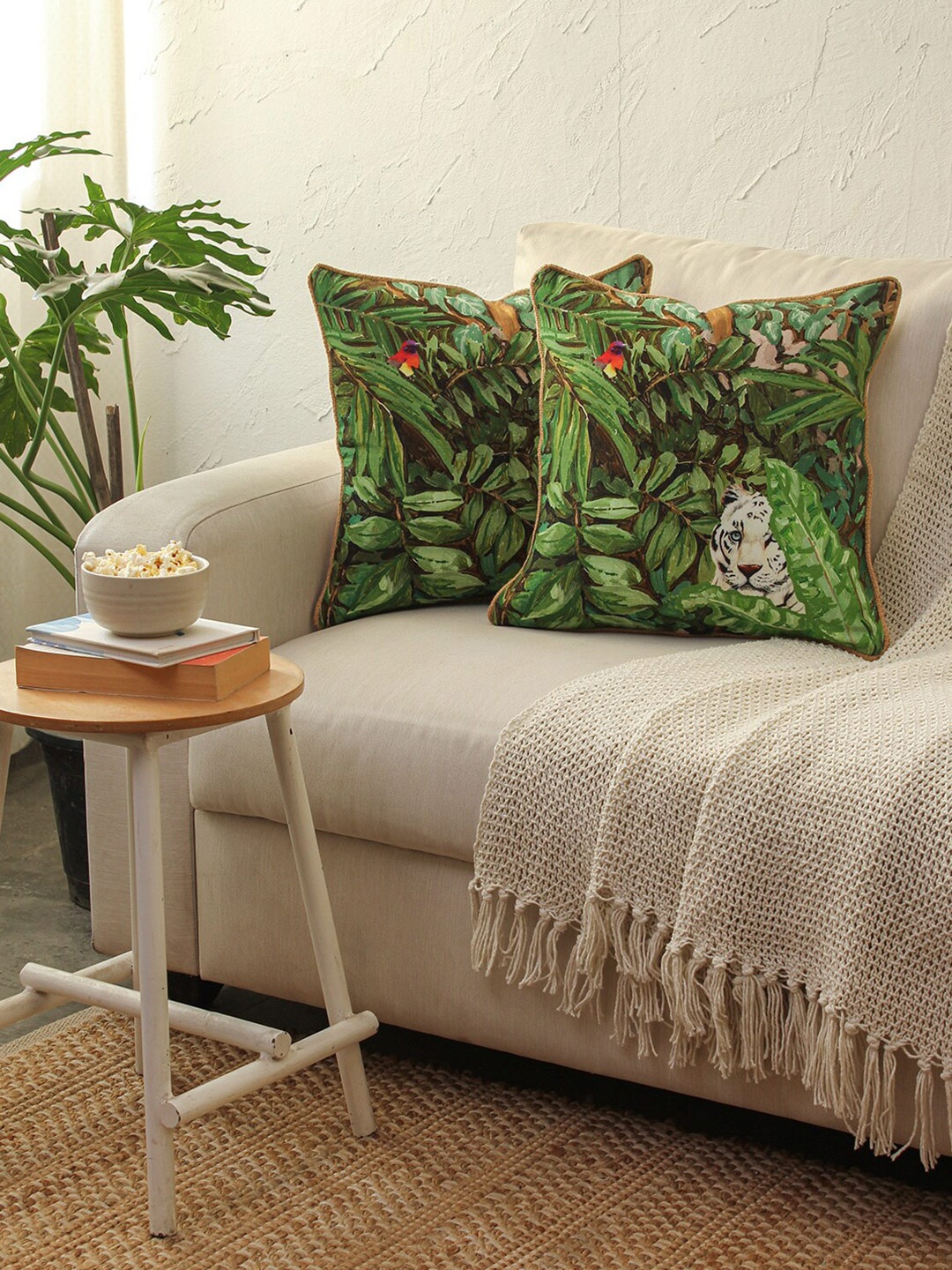

House This Sunderbans Green & Brown 2 Pieces Floral Printed Cotton Square Cushion Covers