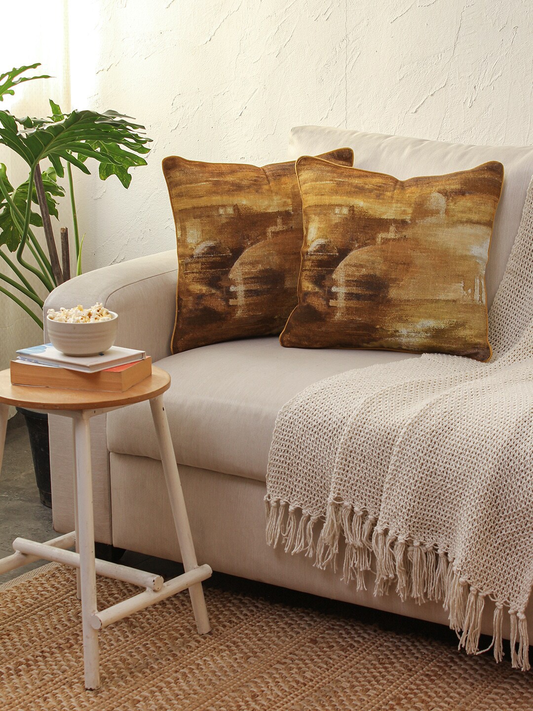 

House This Vidhisha Yellow & Brown 2 Pieces Abstract Square Cushion Covers