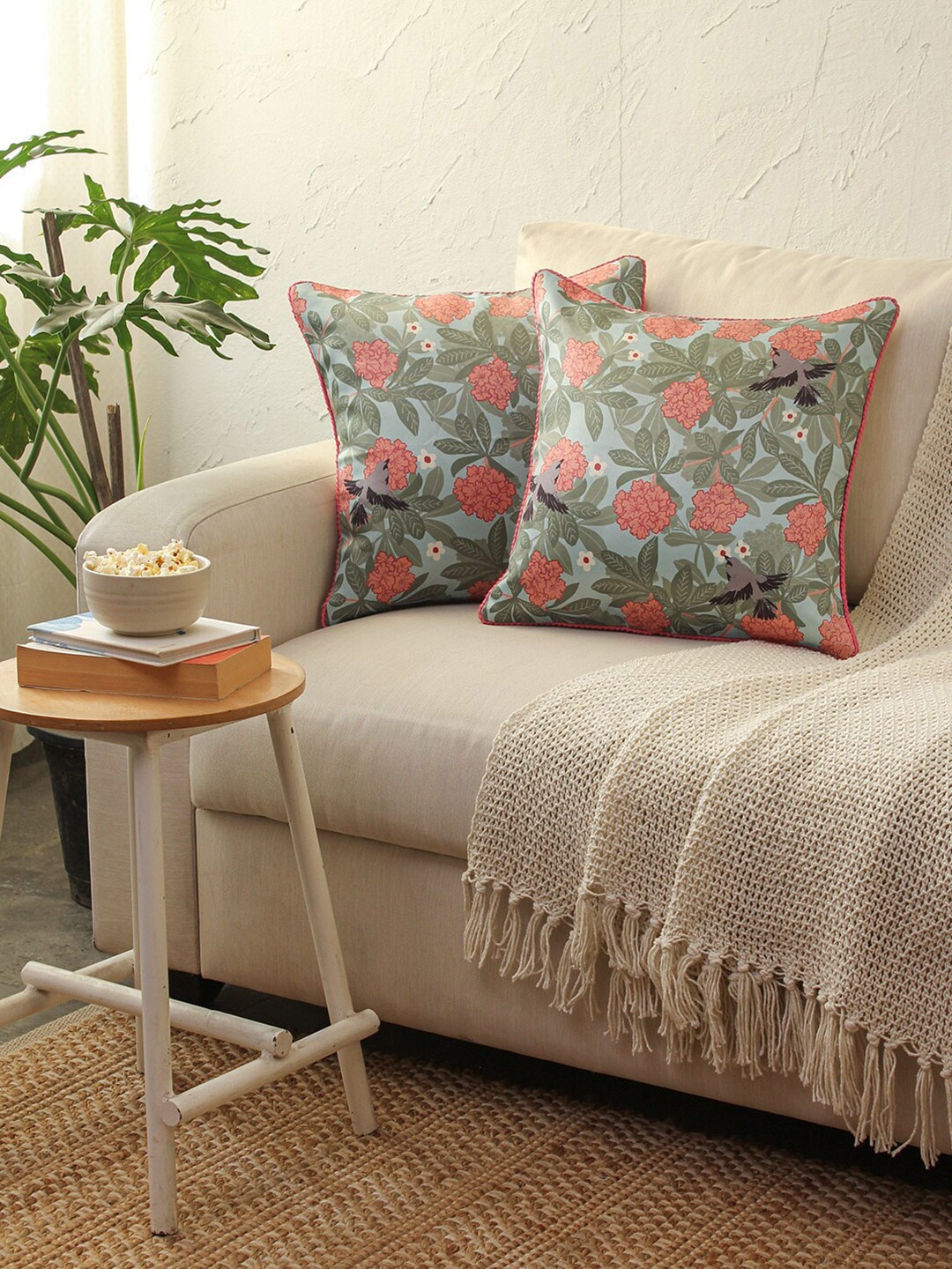 

House This Bulbul Green & Pink 2 Pieces Floral Printed Cotton Square Cushion Covers