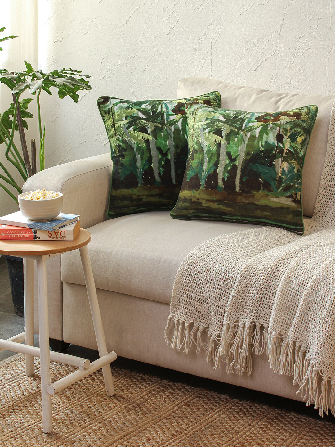 

House This Kumarakom Green & Brown 2 Pieces Abstract Printed Cotton Square Cushion Covers