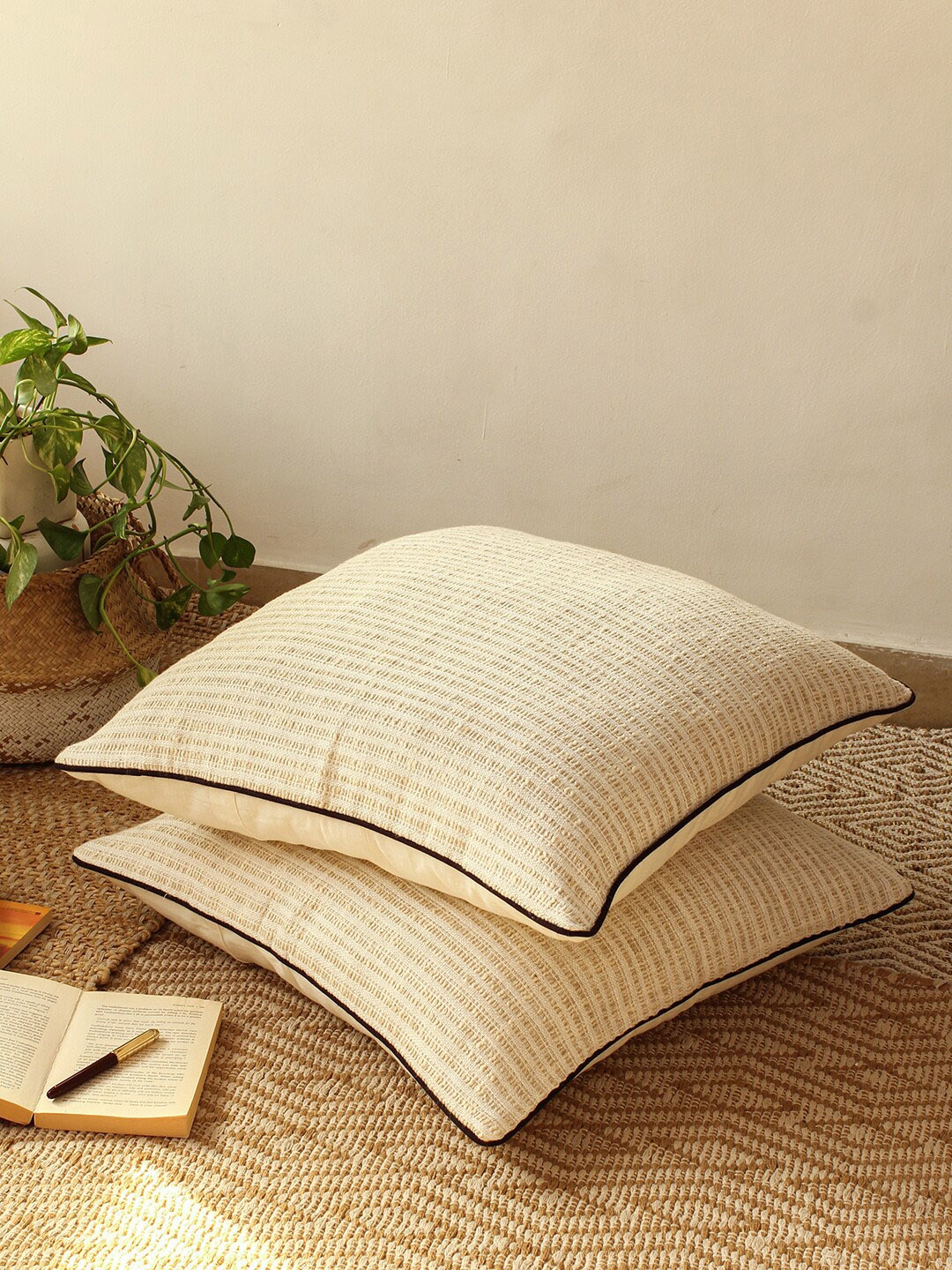 

House This Pir Panjal Cream-Coloured 2 Pieces Square Cushion Covers