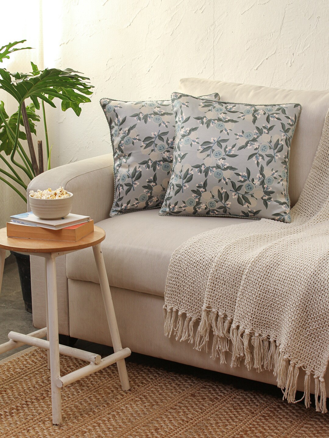 

House This Seb Green & Grey 2 Pieces Floral Printed Cotton Square Cushion Covers