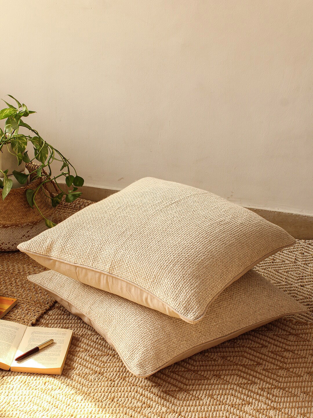 

House This Nilgiri Beige 2 Pieces Cotton Square Cushion Covers
