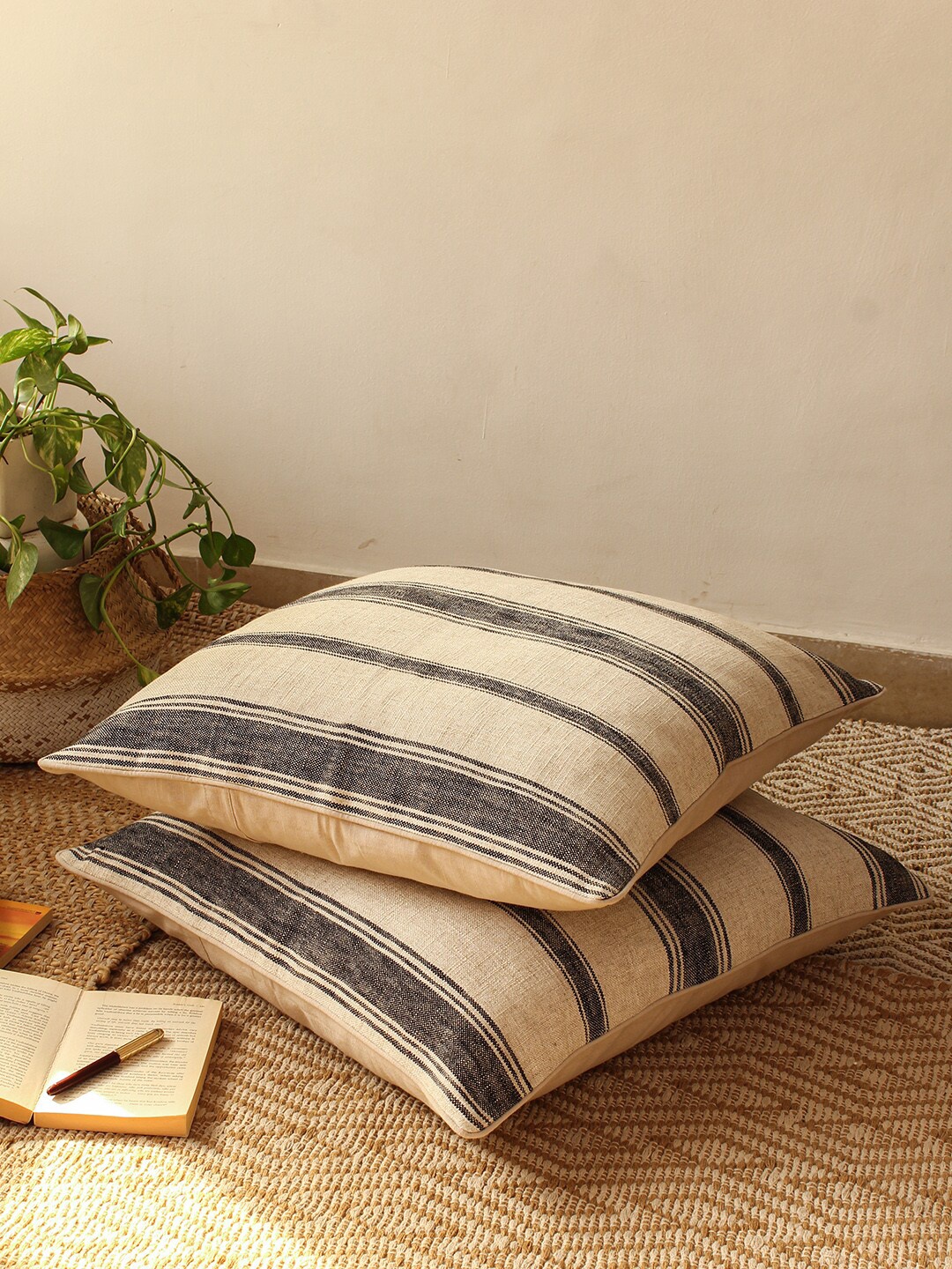 

House This Satpura Black & Beige 2 Pieces Striped Square Cushion Covers