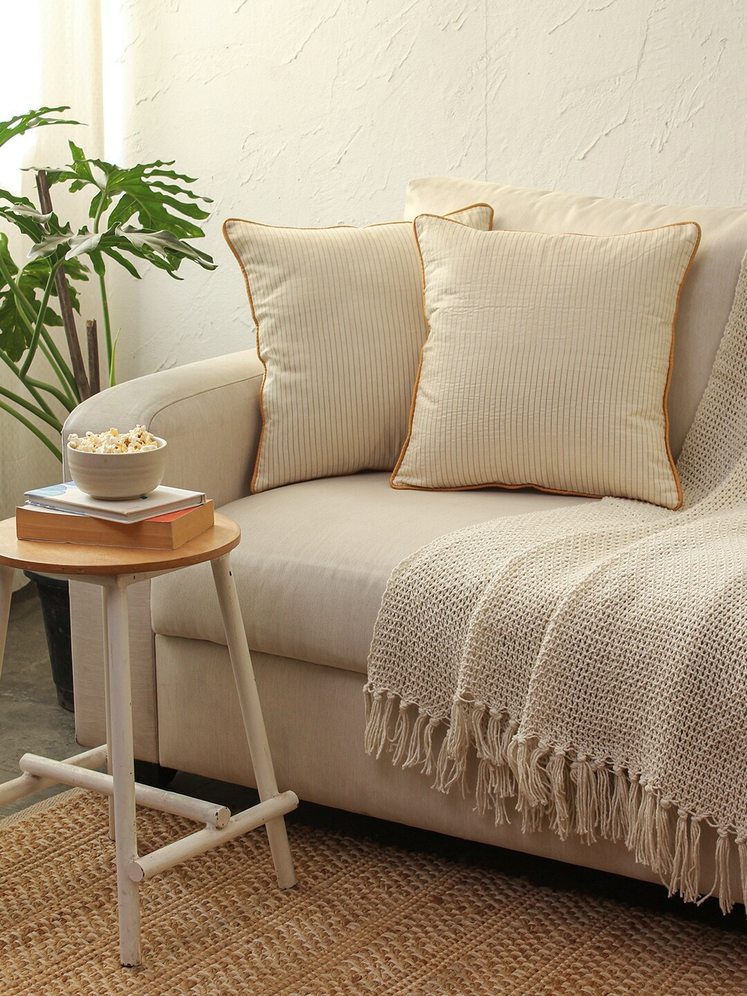 

House This Paeth White & Gold-Toned 2 Pieces Striped Cotton Square Cushion Covers