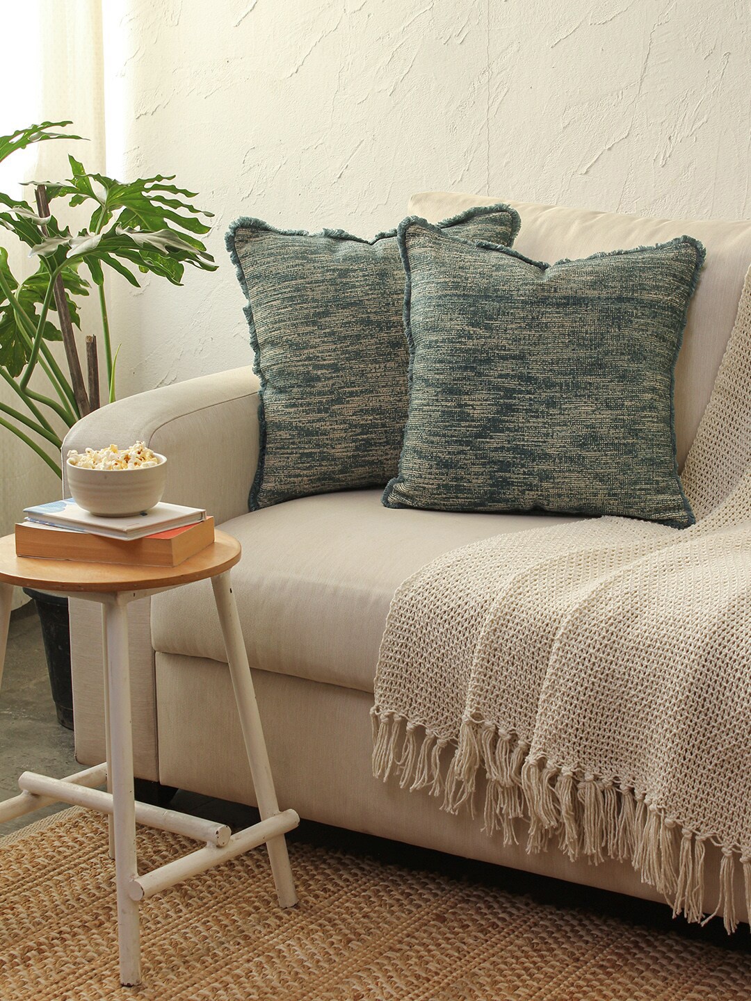 

House This Daya Blue & White 2 Pieces Abstract Printed Cotton Square Cushion Covers