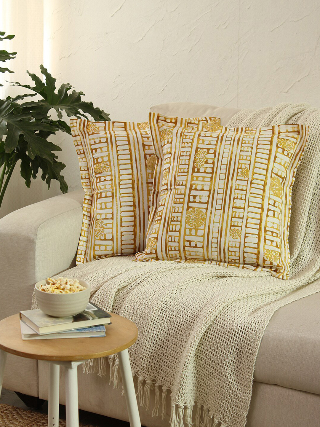 

House This Sanchi Yellow & White 2 Pieces Floral Printed Cotton Square Cushion Covers