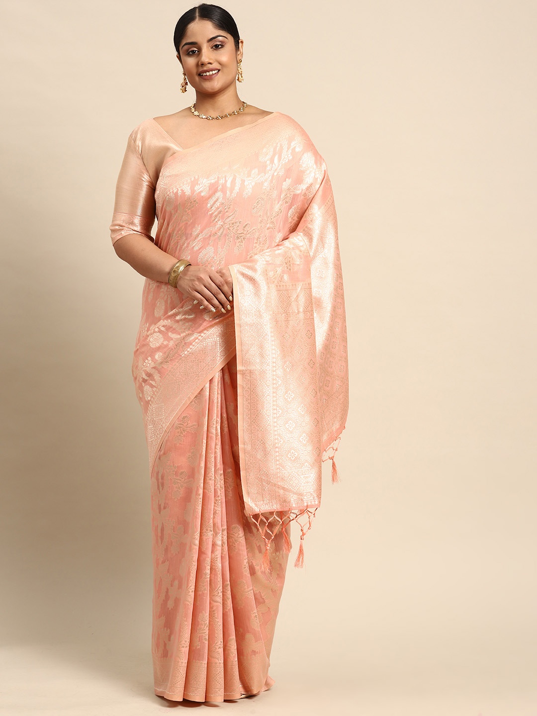 

Sztori Woven Design Floral Zari Banarasi Saree, Peach