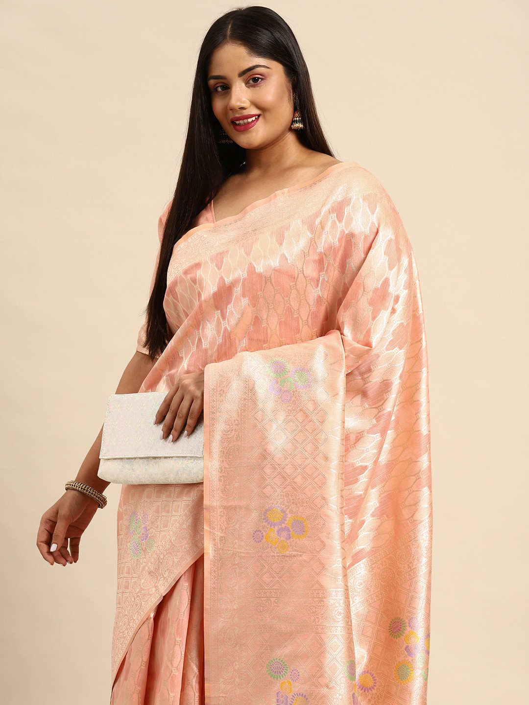 

Sztori Ethnic Motifs Zari Banarasi Saree, Peach