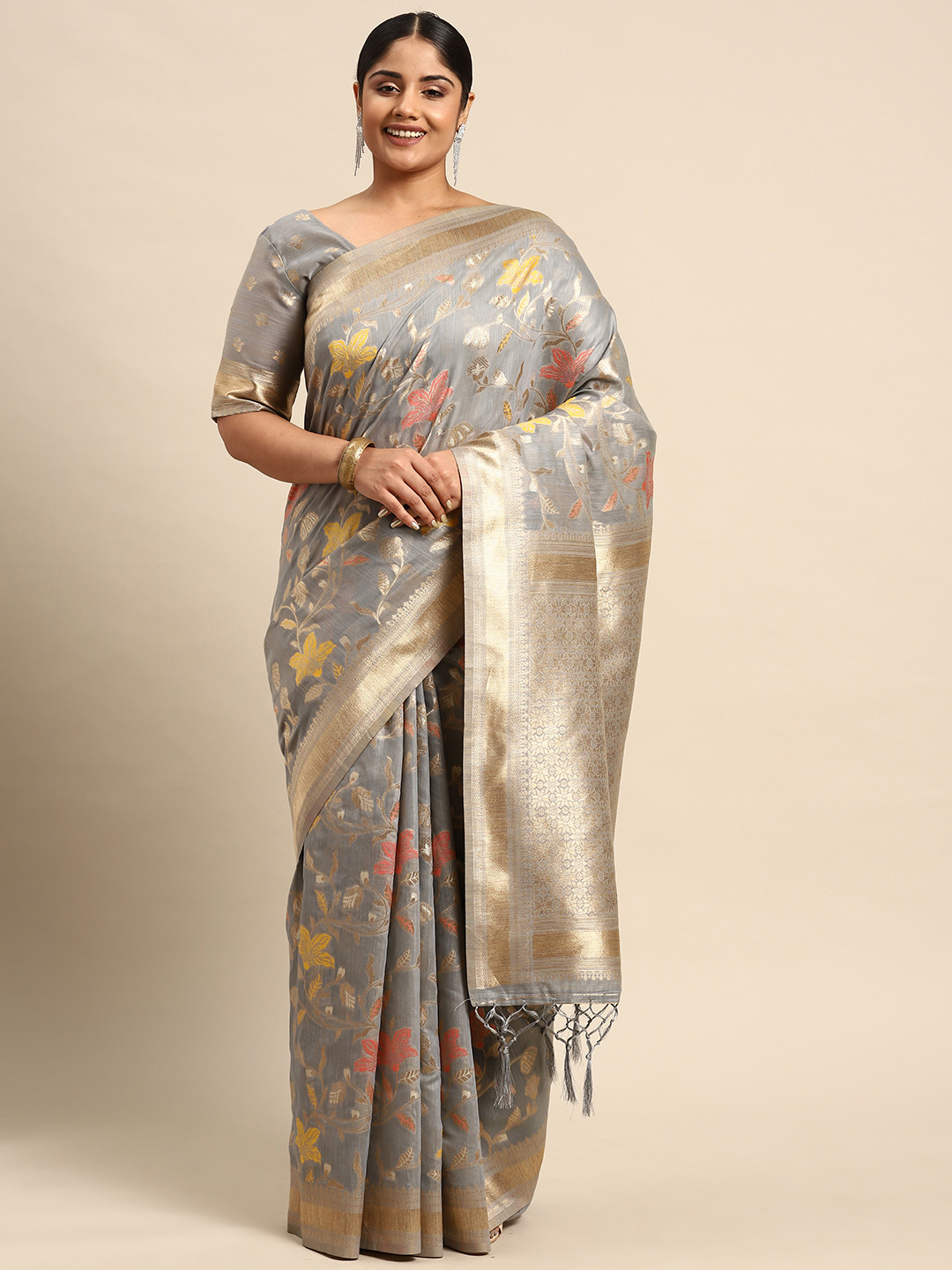 

Sztori Woven Design Floral Zari Banarasi Saree, Grey