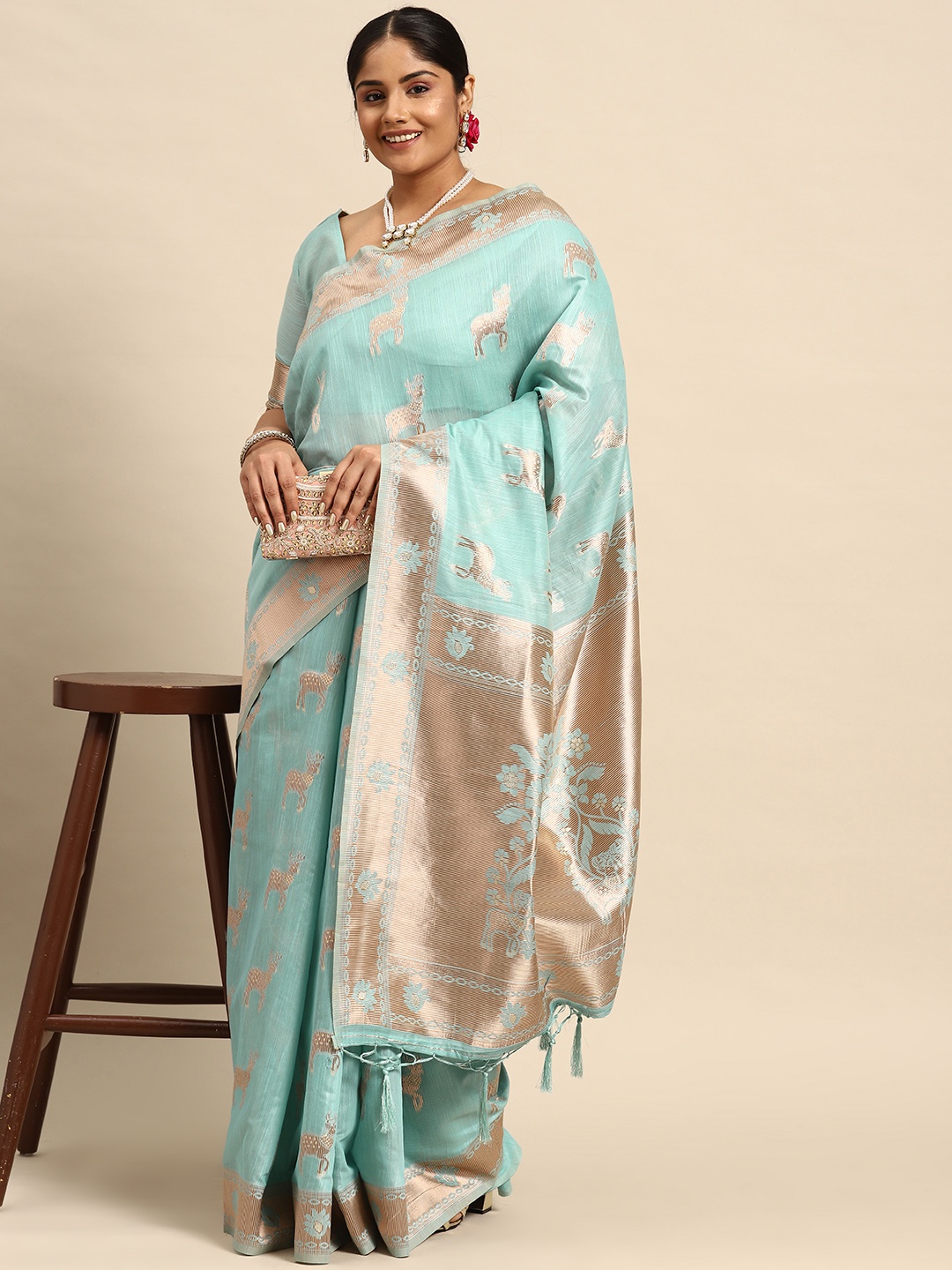 

Sztori Ethnic Motifs Zari Linen Blend Banarasi Saree, Blue