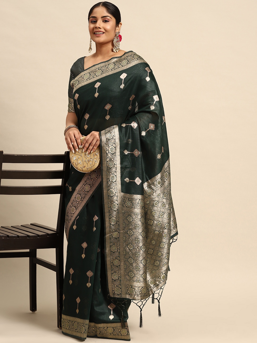 

Sztori Ethnic Motifs Zari Linen Blend Banarasi Saree, Green