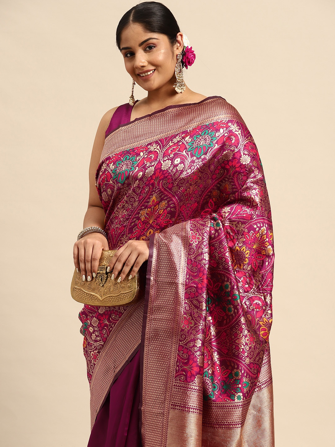 

Sztori Woven Design Ethnic Motifs Zari Banarasi Saree, Burgundy