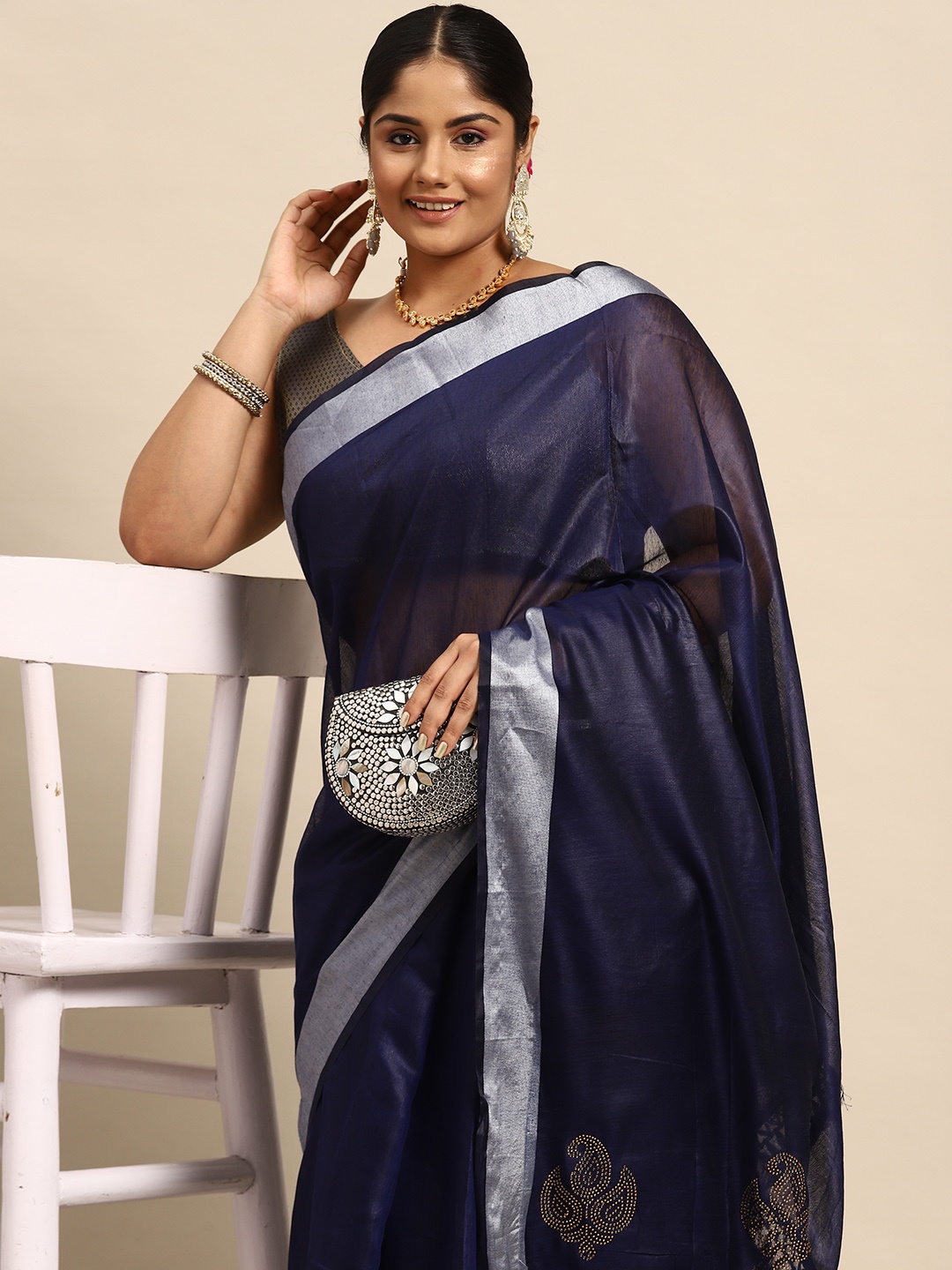 

Sztori Solid Zari Pure Cotton Bhagalpuri Saree, Blue