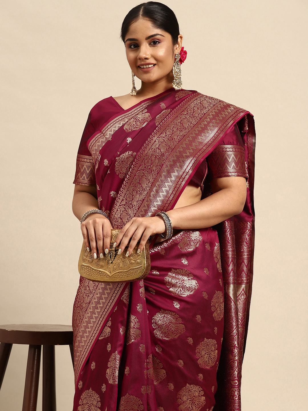 

Sztori Ethnic Motifs Zari Silk Blend Banarasi Saree, Maroon