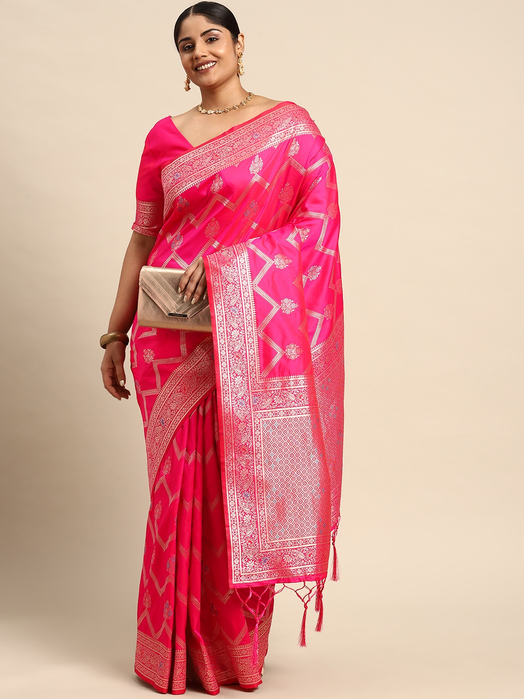 

Sztori Floral Zari Silk Blend Banarasi Saree, Pink