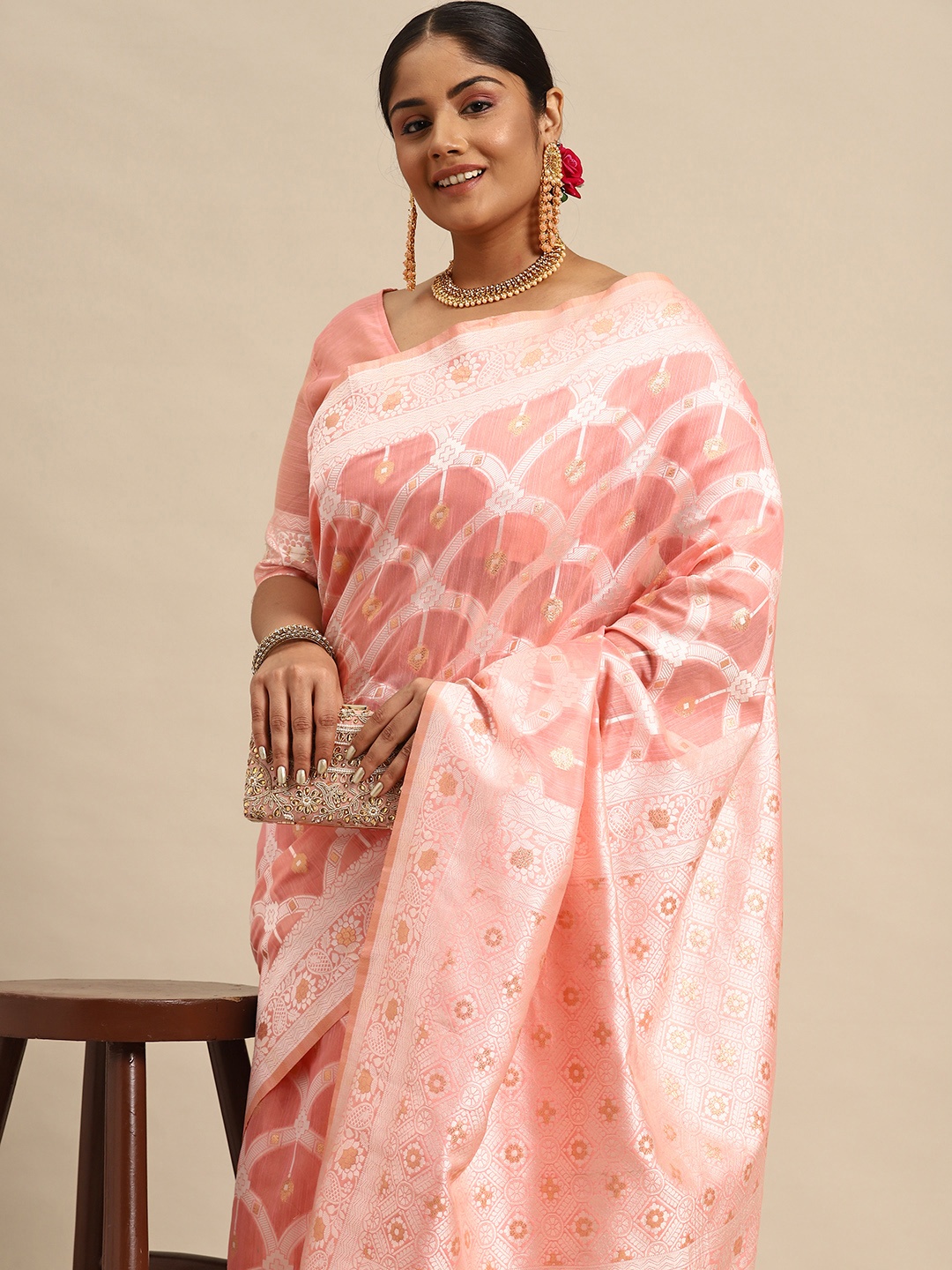 

Sztori Ethnic Motifs Zari Linen Blend Banarasi Saree, Pink