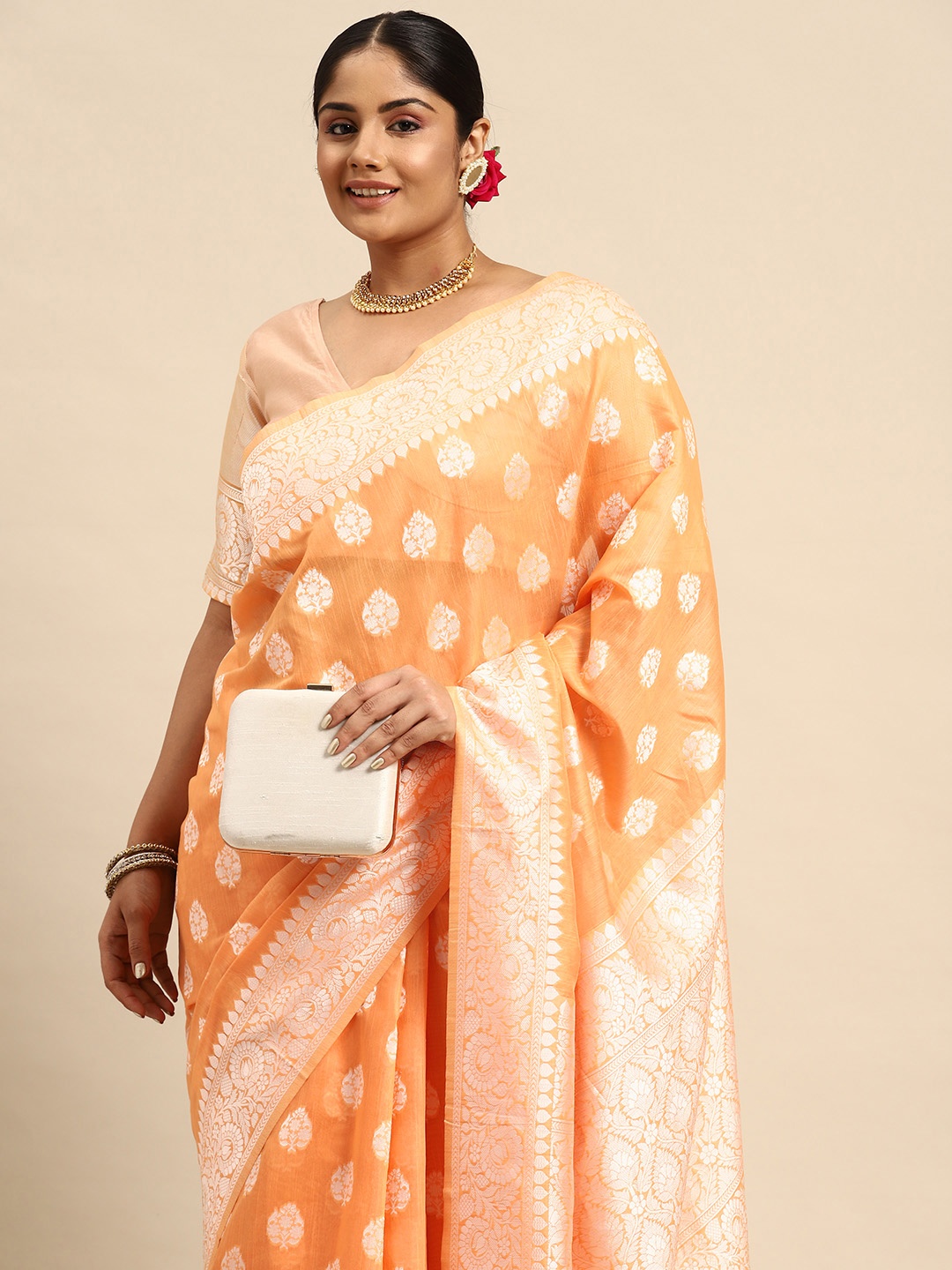 

Sztori Ethnic Motifs Zari Linen Blend Banarasi Saree, Peach