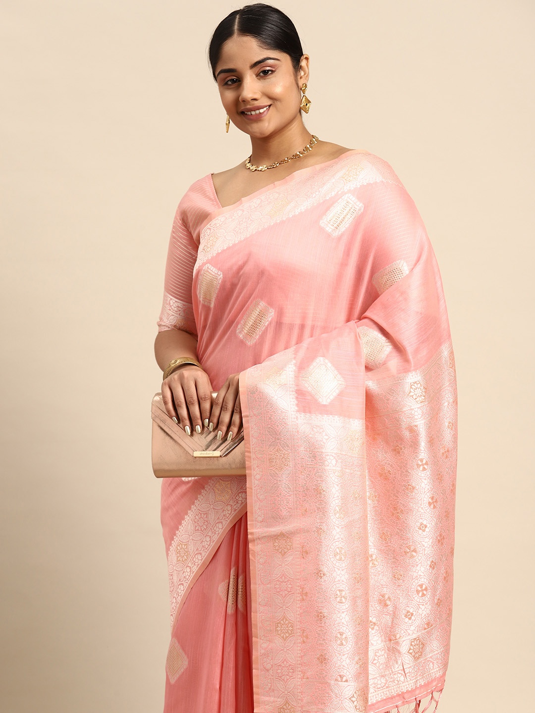 

Sztori Ethnic Motifs Zari Linen Blend Banarasi Saree, Pink