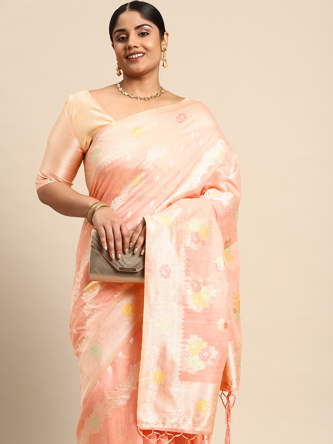 

Sztori Ethnic Motifs Zari Linen Blend Banarasi Saree, Peach