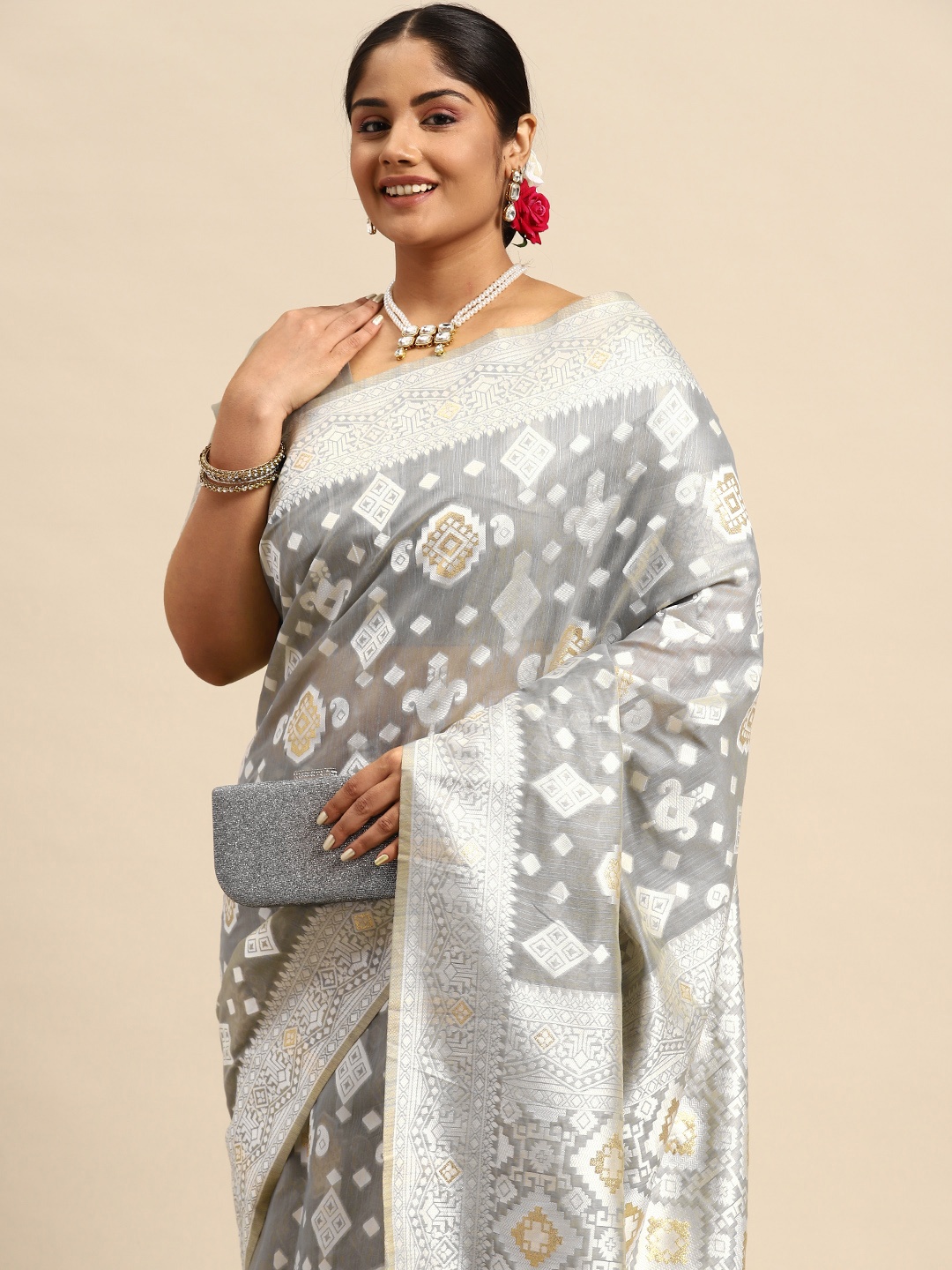 

Sztori Ethnic Motifs Zari Linen Blend Banarasi Saree, Grey