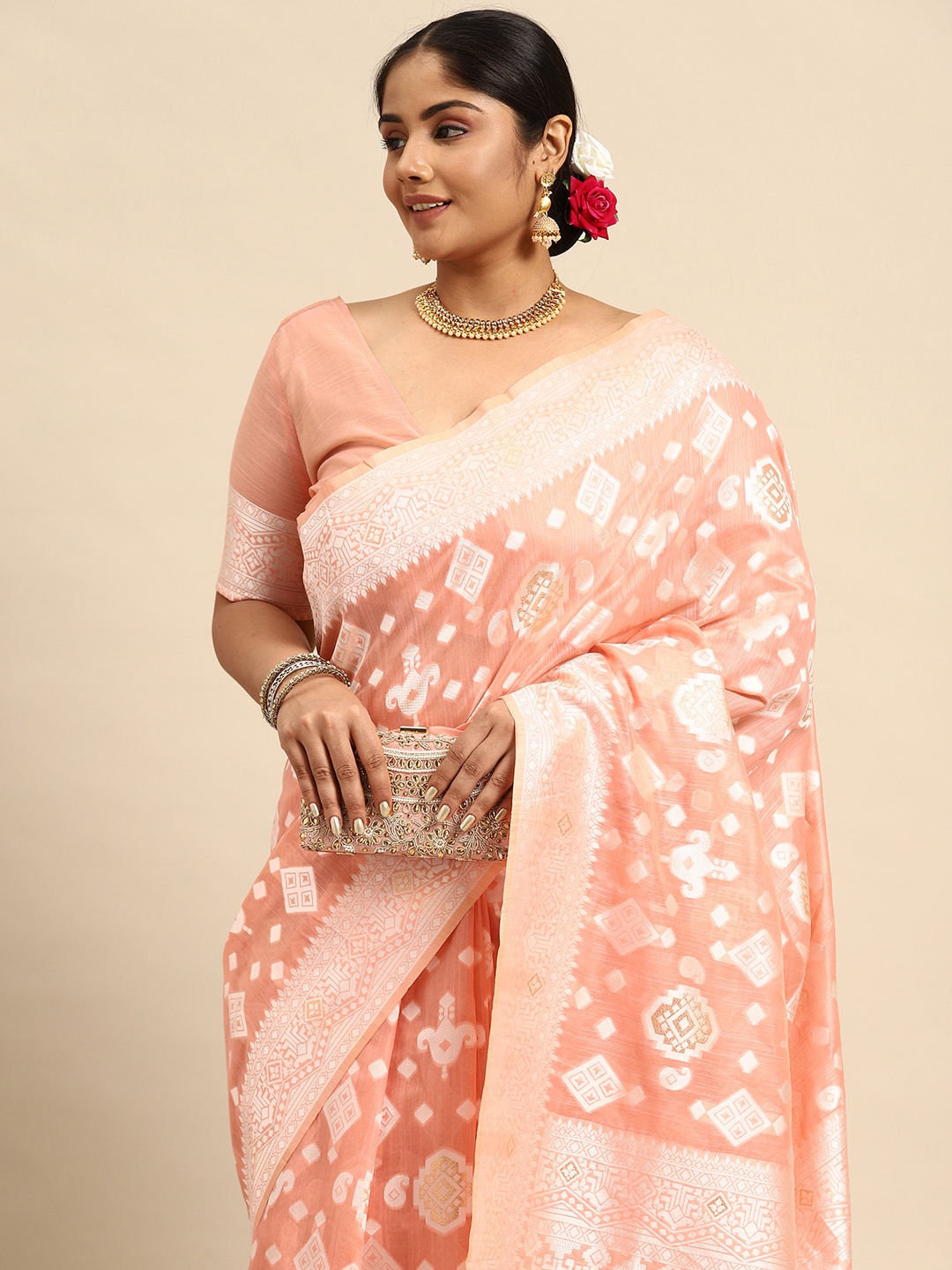 

Sztori Ethnic Motifs Zari Linen Blend Banarasi Saree, Peach