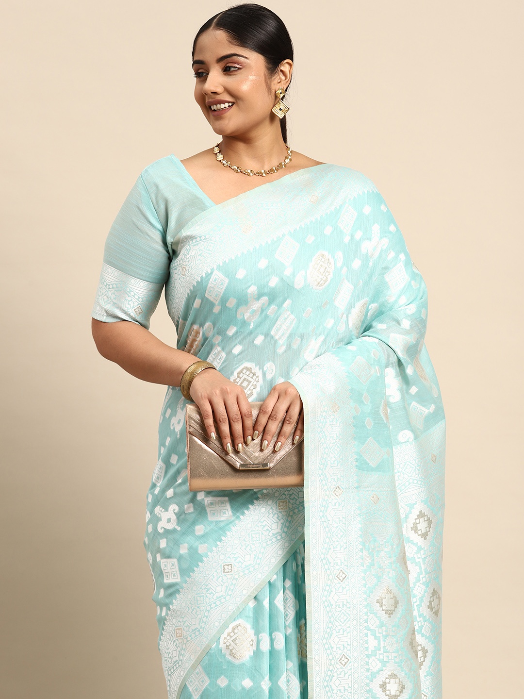 

Sztori Ethnic Motifs Zari Linen Blend Banarasi Saree, Blue