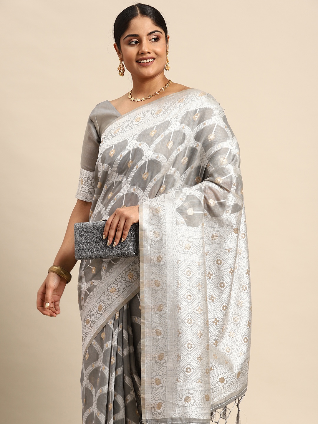 

Sztori Ethnic Motifs Zari Linen Blend Banarasi Saree, Grey