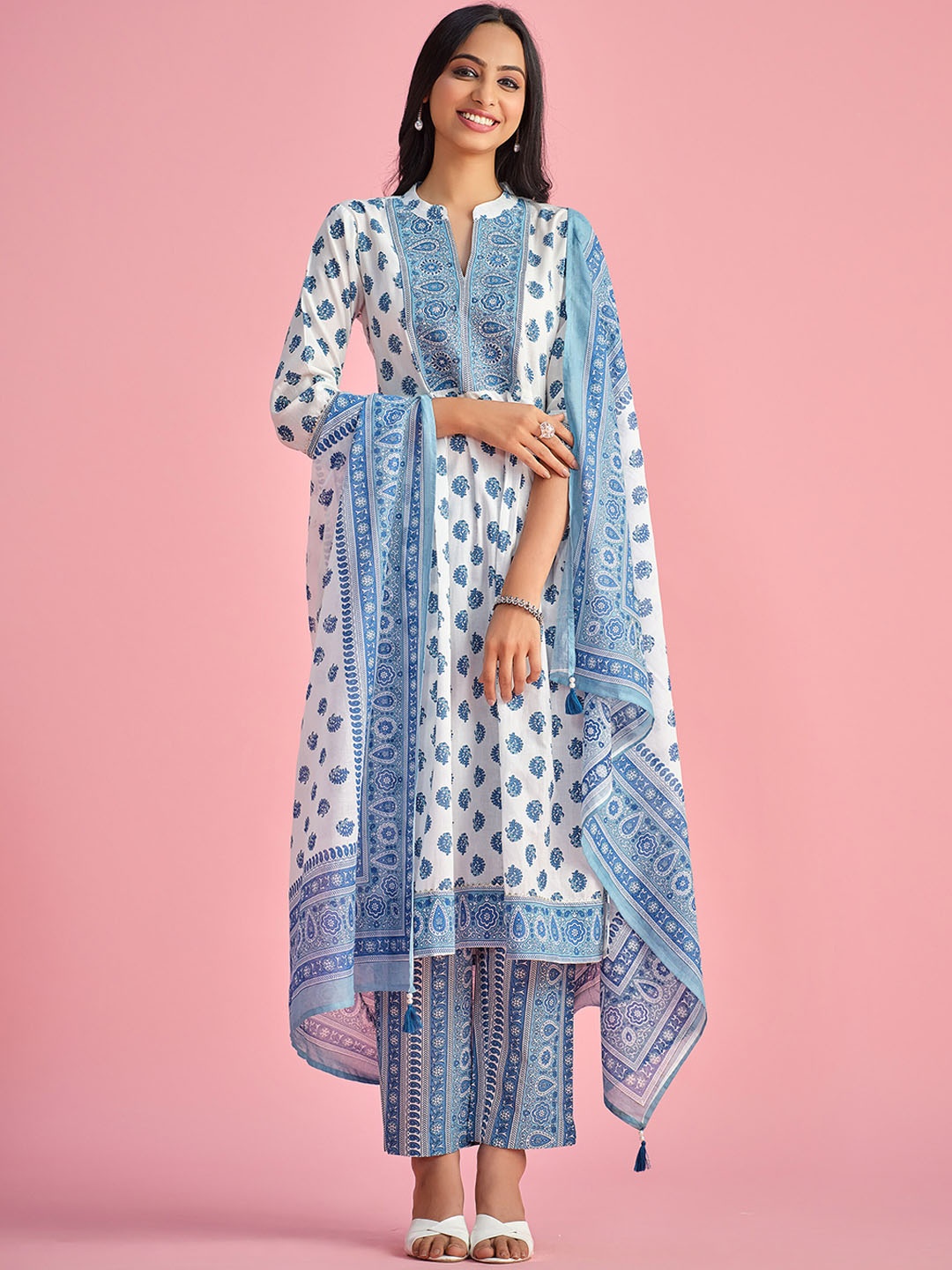 

Sangria Printed A-Line Kurta With Trouser & Dupatta, White