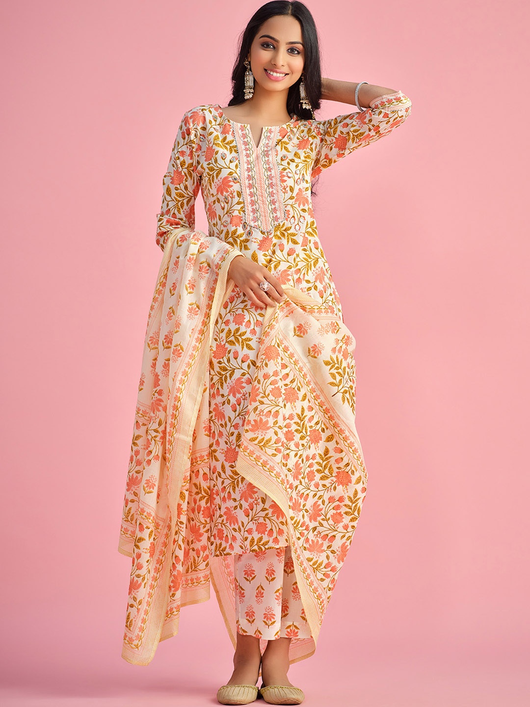 

Sangria Floral-Printed Pure-Cotton A-Line Kurta With Trouser & Dupatta, Off white