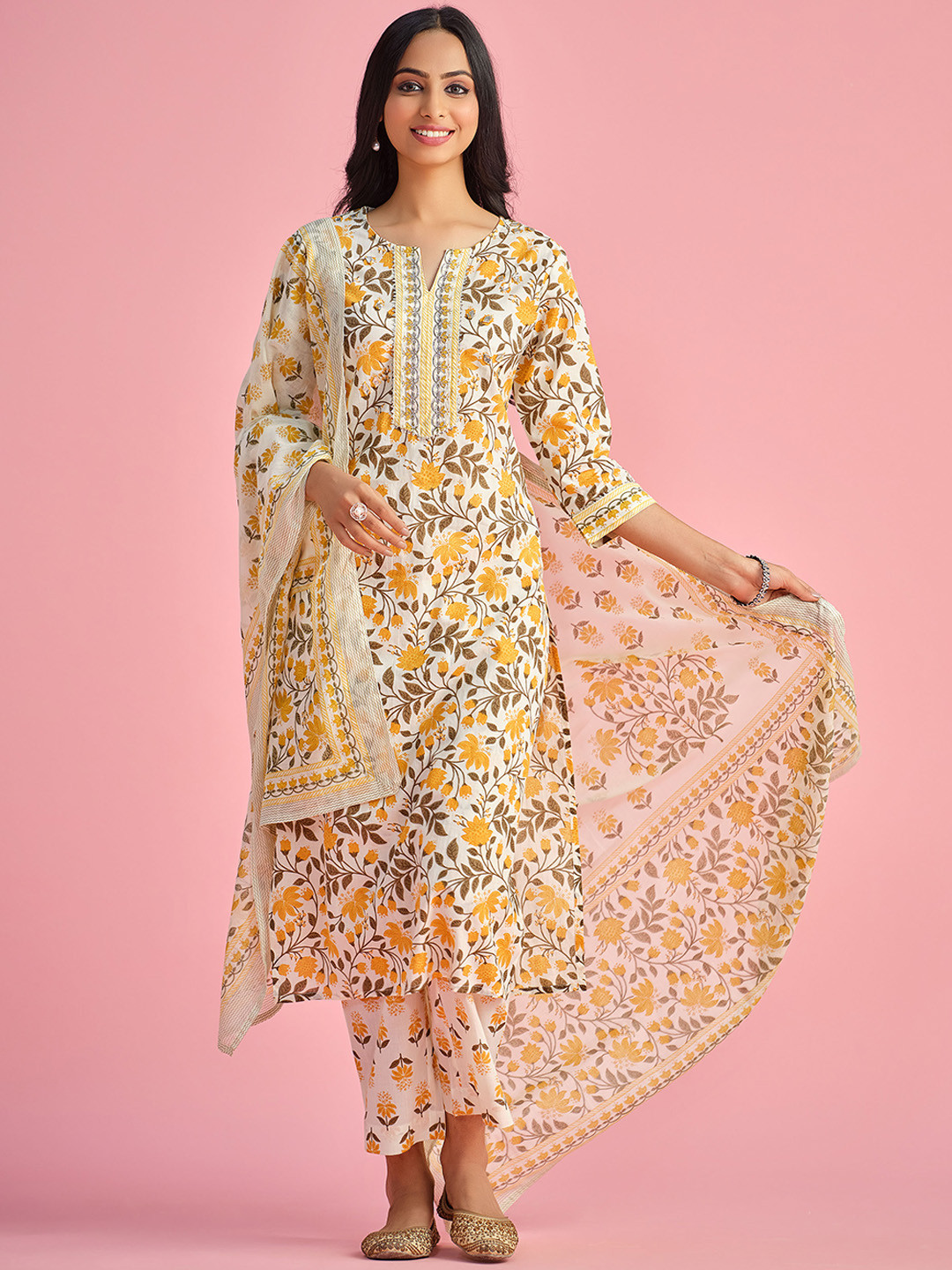 

Sangria Floral-Printed Pure-Cotton A-Line Kurta With Trouser & Dupatta, Off white