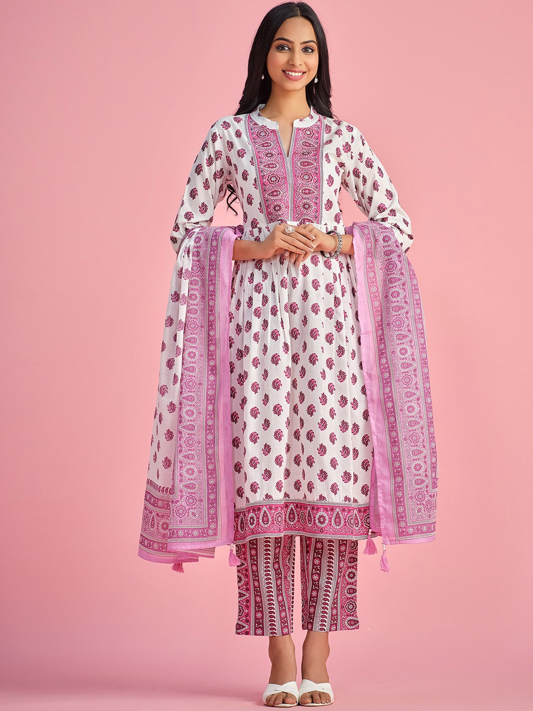 

Sangria Printed Pure Cotton Kurta With Trouser & Dupatta, White