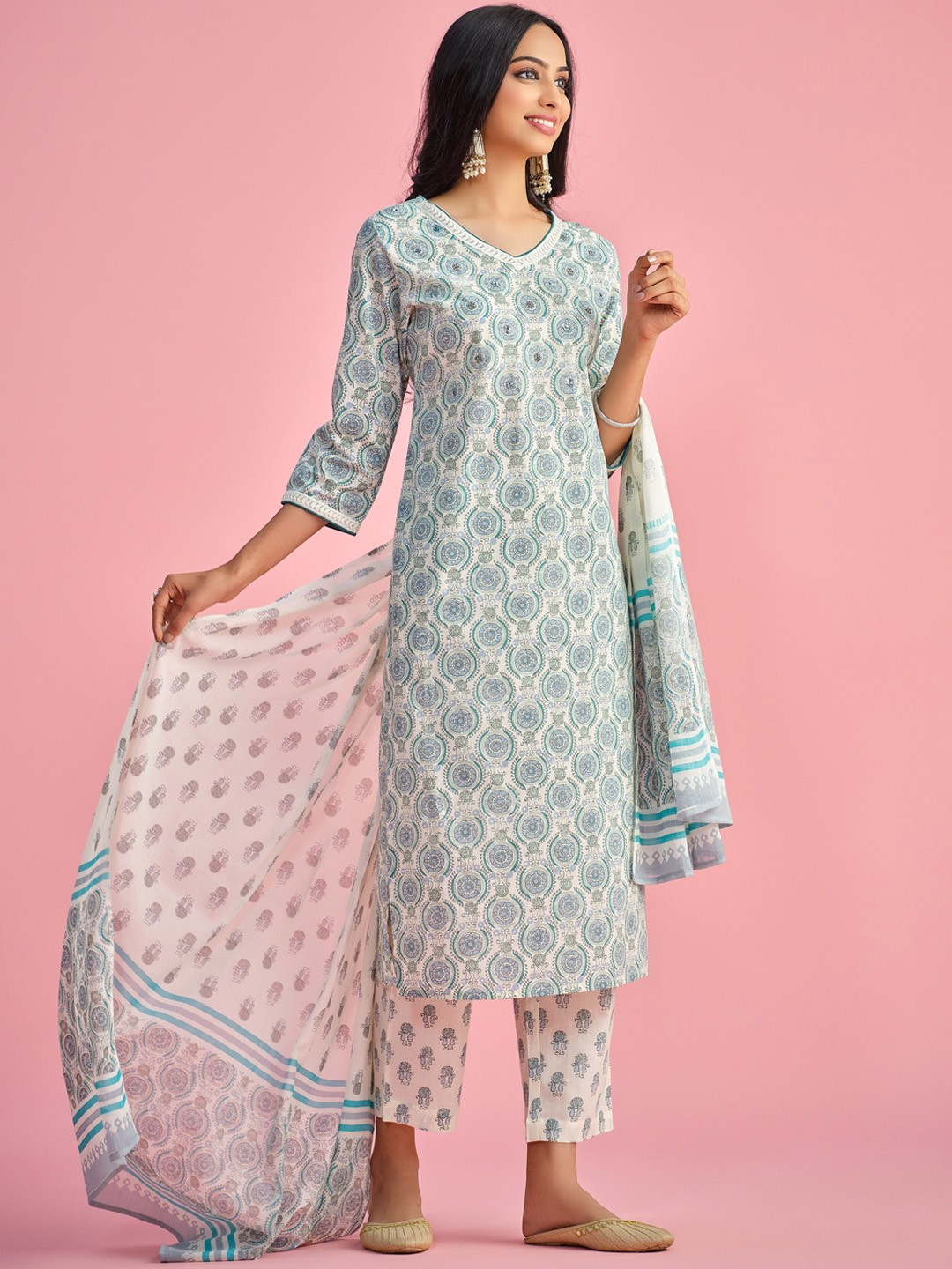 

Sangria Ethnic Motif-Printed Pure-Cotton Straight Kurta With Trouser & Dupatta, Cream